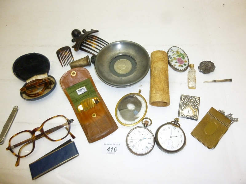 An assortment of items to include two pocket watches and Chinese carved handle est: £30-£50