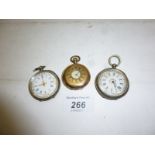 Two silver cased pocket watches and a gold coloured pocket watch with enamelled numerals est: