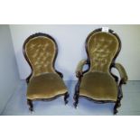 A Victorian ladies and gentleman's spoon back armchairs upholstered in gold c1870 est: £150-£300