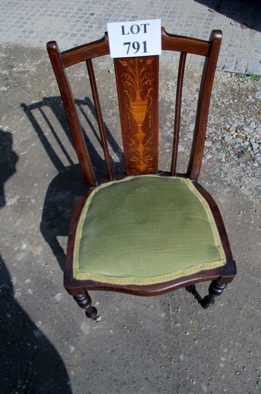 A pretty Edwardian inlaid child's chair with green upholstered seat (very clean) est: £30-£50