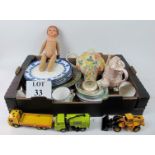 A box of assorted items to include Chintz, old doll, old toys and china,