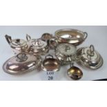 A large box of silver plated items to include teapots, tureens,
