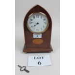 An Edwardian mahogany inlaid arch top mantel clock clean condition (key with auctioneer) est: