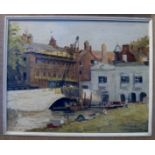 A framed oil on board bridge by a canal