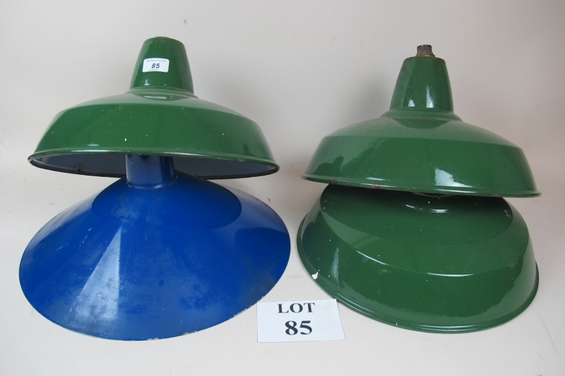 Four metal hanging lights (three green a