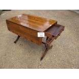 A 19c mahogany and walnut sofa table with lyre, supports and drawers either side,