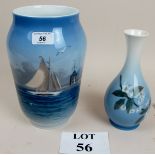 A large Royal Copenhagen vase depicting a ship at sea (25 cm tall approx) and a Copenhagen vase