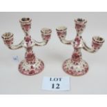 A pair of pink lustre Dutch ceramic candelabra (a/f) est: £30-£50 (A1)