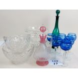 Glassware - To include a fine Venetian decanter, set of six blue flashed hock glasses,