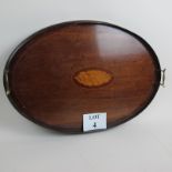 A fine Edwardian marquetry inlaid mahogany oval tea tray,