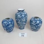 A circa 1920's/30's British blue and white pottery garniture of three vases, Chinese taste,