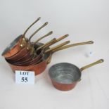 Eight vintage copper saucepans with brass handles of varying sizes est: £40-£50 (B31)