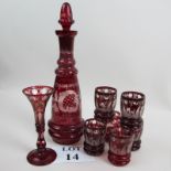 A 19th century Bohemian ruby flashed glass decanter with stopper, six tumblers and a wine glass,