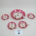 A pretty Victorian gilt decorated cranberry glass dessert set, serving dish,