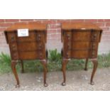 A pair of 20th century Queen Anne design burr walnut bedside tables with drop leaves over three