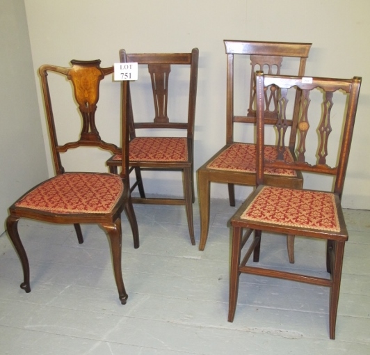 A harlequin set of four Edwardian inlaid chairs all with red upholstered seats est: £40-£60