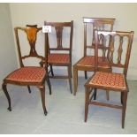 A harlequin set of four Edwardian inlaid chairs all with red upholstered seats est: £40-£60