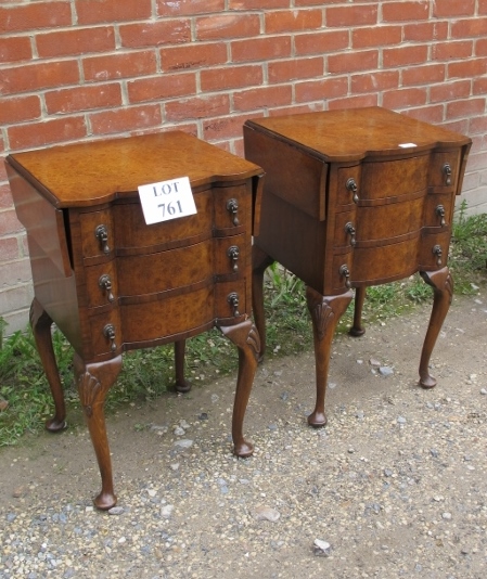 A pair of 20th century Queen Anne design burr walnut bedside tables with drop leaves over three - Image 2 of 3