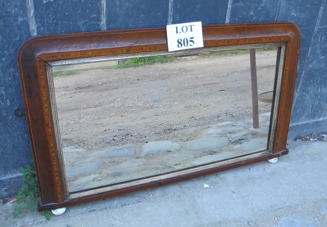 A small Victorian mahogany and marquetry over mantle mirror with white china bun feet est: £40-£60