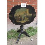 A 19th century French tilt top table of small proportions with original hand painted scene to top