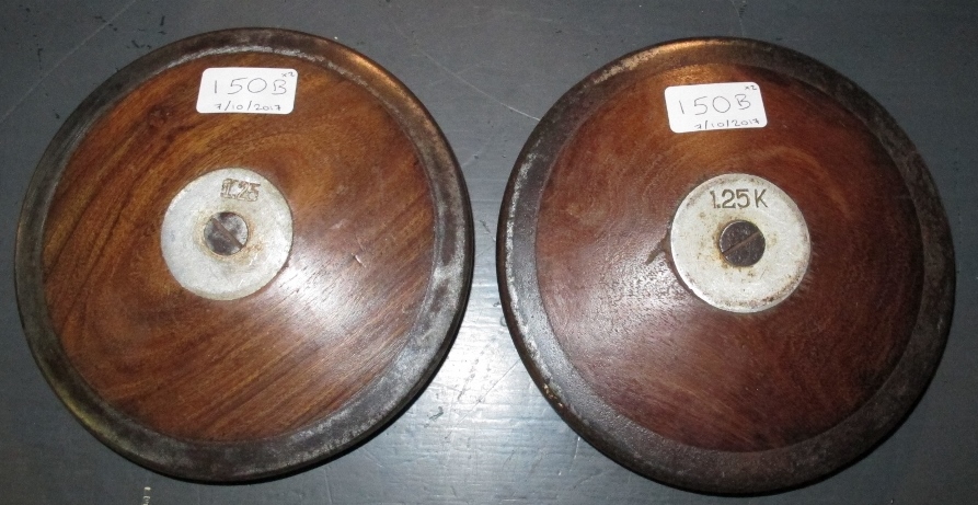 Two old wooden school discus, one a/f (c