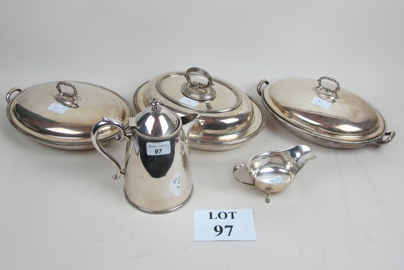 Three lidded plated tureens, a plate cof