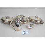 Three lidded plated tureens, a plate cof