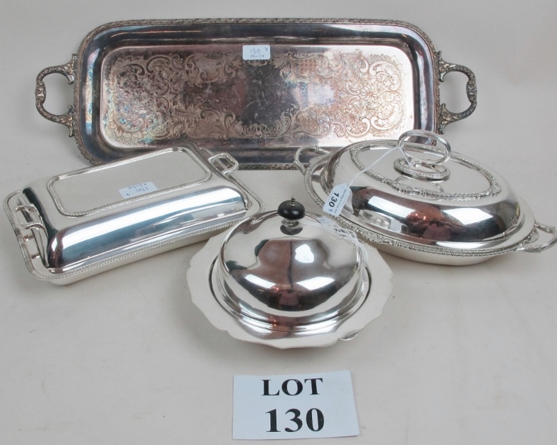 A silver plated tray, two entree dishes