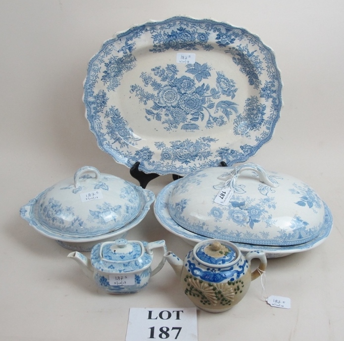 A blue and white platter, two tureens an