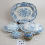 A blue and white platter, two tureens an