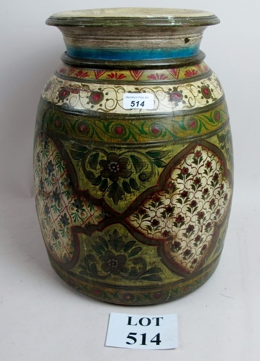 A large early painted wooden vase possib