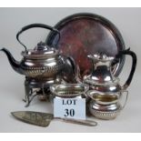 A selection of silver plate, to include a spirit kettle on stand, three piece half-fluted teaset,