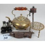 A mixed lot to include a prayer wheel, two pairs of opera glasses, brass kettle,