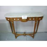 A Sheraton style marble topped console table with gilt mounts and painted porcelain inserts est:
