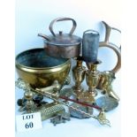 A collection of Victorian and vintage copper and brassware, to include a jardiniere, cow bell,
