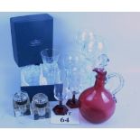 Glassware, to include a 19th century cranberry claret jug with stopper, pair Victorian inkwells,