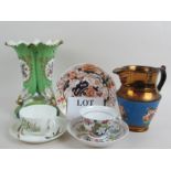 19th century ceramics, comprising a copper lustre jug, triple-cornucopian vase, Imari palette dish,