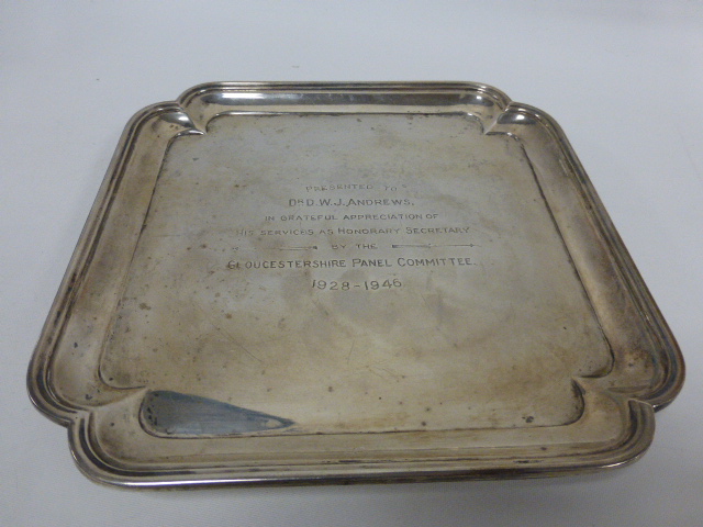 Silver footed salver hallmarked Sheffield 1926, with engraved dedication, 20x20cms, 488g. - Image 2 of 4