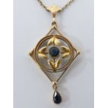 Art Nouveau 9ct gold lavaliere pendant necklace on an attached 40cm chain with barrel clasp.