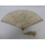 A 19thC painted lace silk Fan, the silk with lace and painted Cherubs,