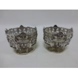 Pair of Victorian octagonal pierced silver pedestal bowls with frosted glass inserts,