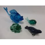 Four Glass animals - fish 32cm long, green frog, Whale and Seal.