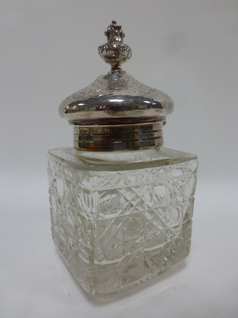 Early 20thC silver plated desk top ink well stand of square form with engraved panels, - Image 4 of 5