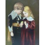 Macabre Art; oil painting on canvas 49 x 37cm, depicting a boy and a girl holding a dead bird,