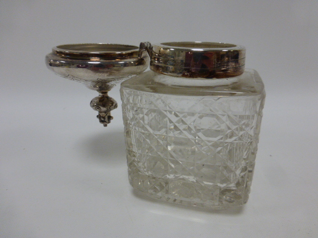 Early 20thC silver plated desk top ink well stand of square form with engraved panels, - Image 5 of 5