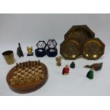 Assorted items inc circular wooden Chess board with magnetic playing pieces,