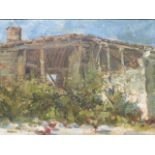 20thC Continental school oil on canvas, Chickens by a ramshackle building,