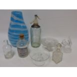 Assorted glass items inc 31cm coloured vase, soda syphon, perfume bottles,