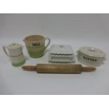 Five items of Kitchenalia inc scarce 1930's Green & Co Ltd of Greasley Milk measuring jug with