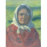 Eastern European oil on canvas painting (49 x 49cm) of a peasant woman,